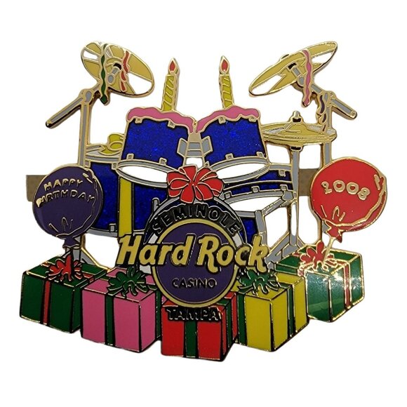 Hard Rock Seminole Casino Tampa 2008 Happy Birthday Drum Set Pin, Signed - Picture 1 of 5